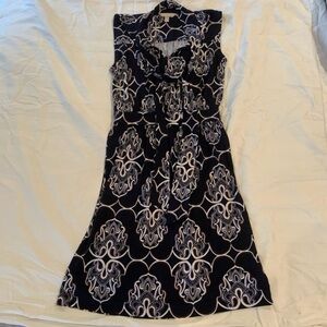 Banana Republic Dress Medium Tie Neck Navy Sleeveless V Neck Abstract Print